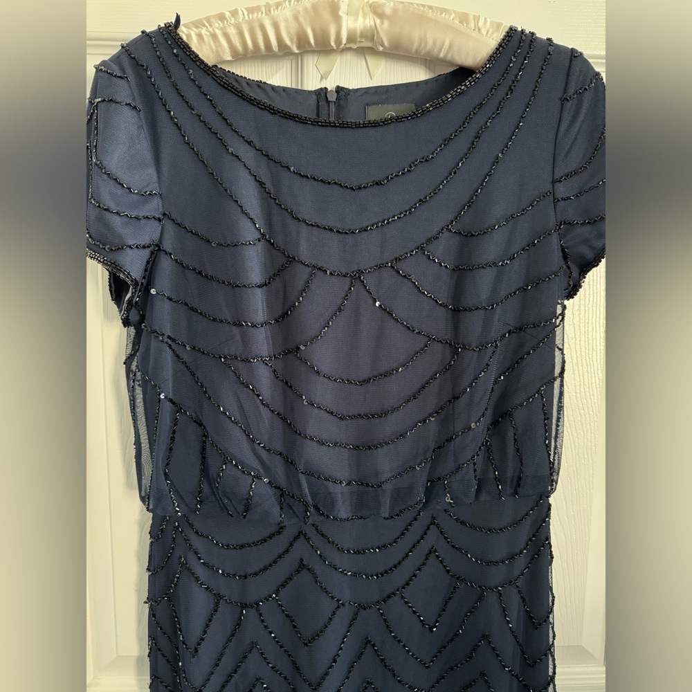 Adrianna Papell Short Sleeve Beaded Blouson Gown in Navy Black